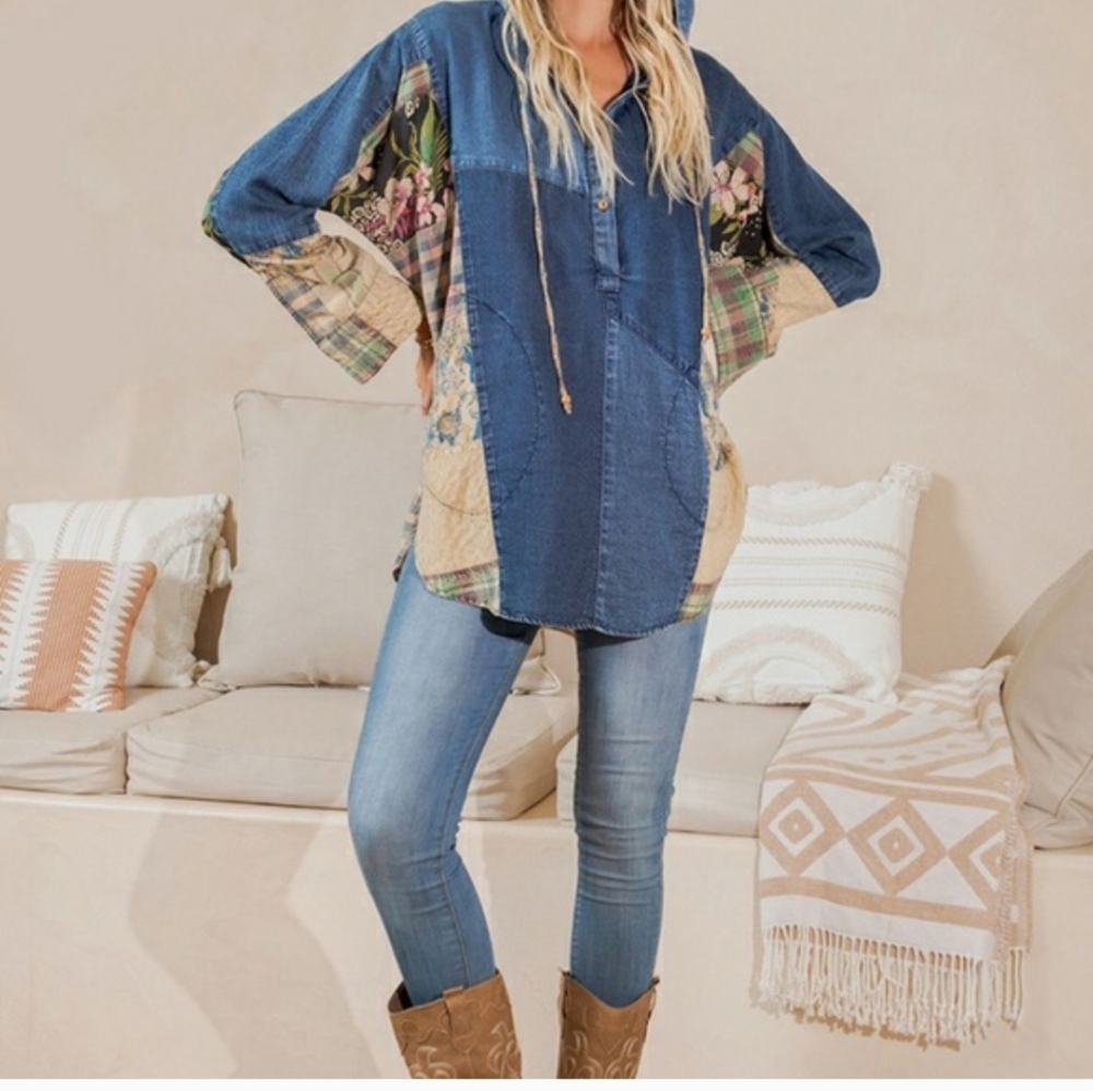 NWT Young Threads Denim Patchwork Hooded Shacket … - image 6